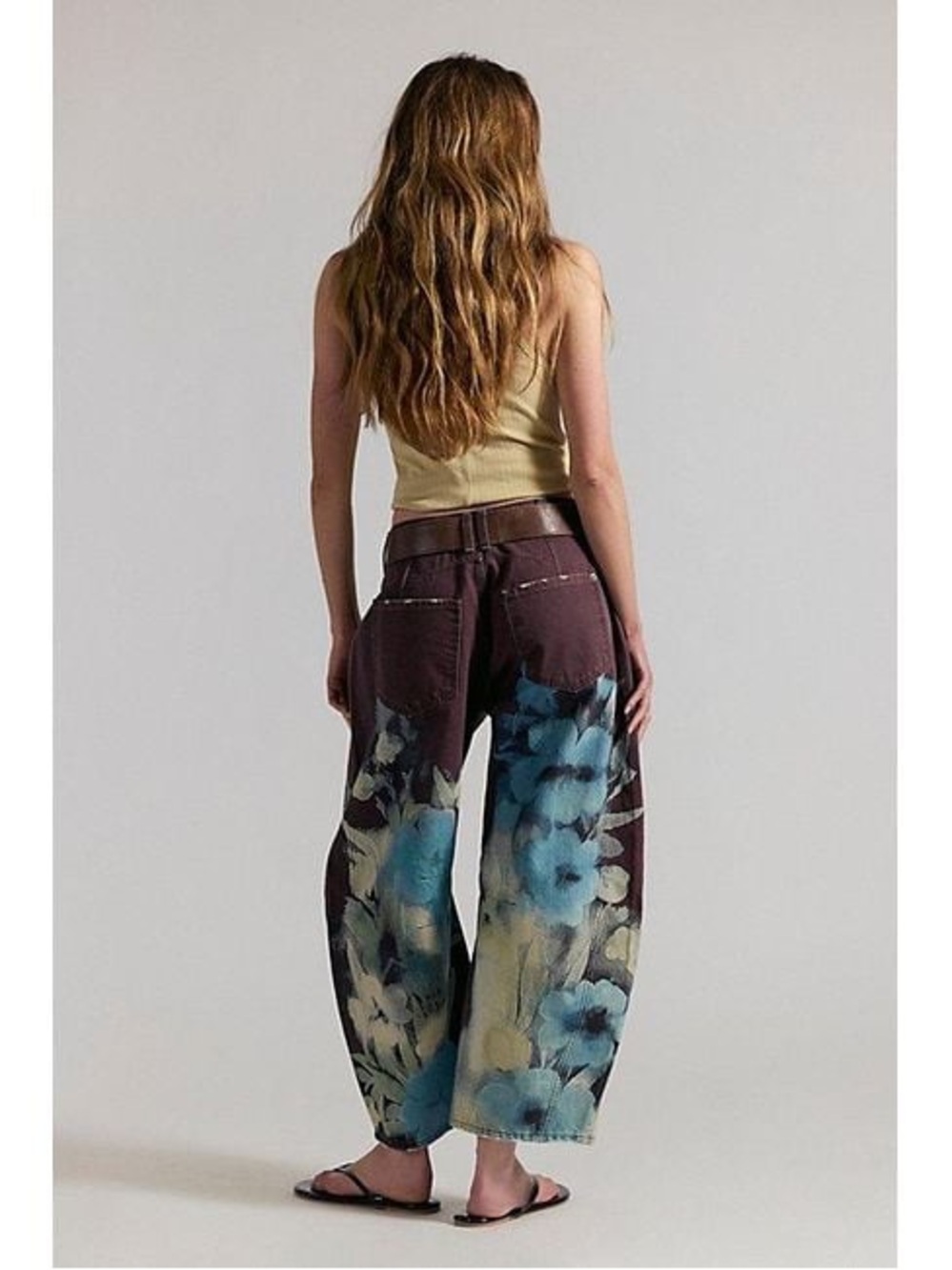 Free People Wide-Leg Painterly Floral Pants in Teal & Brown - Picture 4 of 8